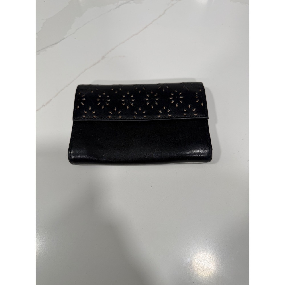 Lauren Ralph Lauren Black Leather Trifold Wallet Floral Eyelet Laser Cut Logo